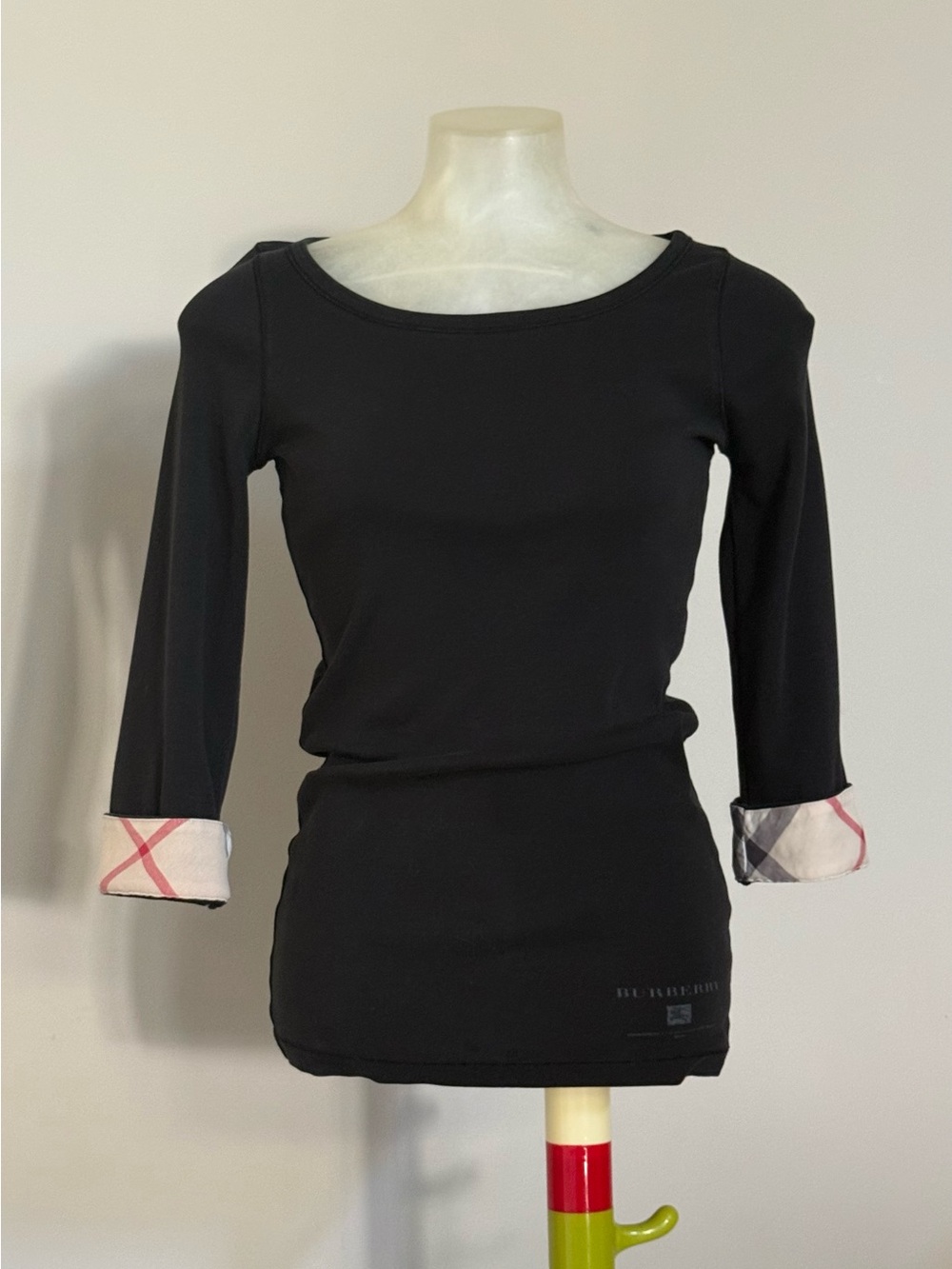 Burberry Brit Black Scoop Neck Top Nova Check Cuffs Size M